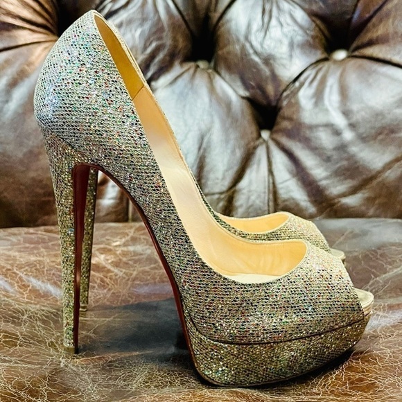Christian Louboutin “Lady Peep” peep toe pumps 150mm glitter wrap leather EU39 - Picture 5 of 14